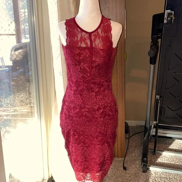 chinese dress ladies V Neck Burgundy High Low Lace Prom Dresses, Wine Red High Low Lace For –  jbydress main image 1